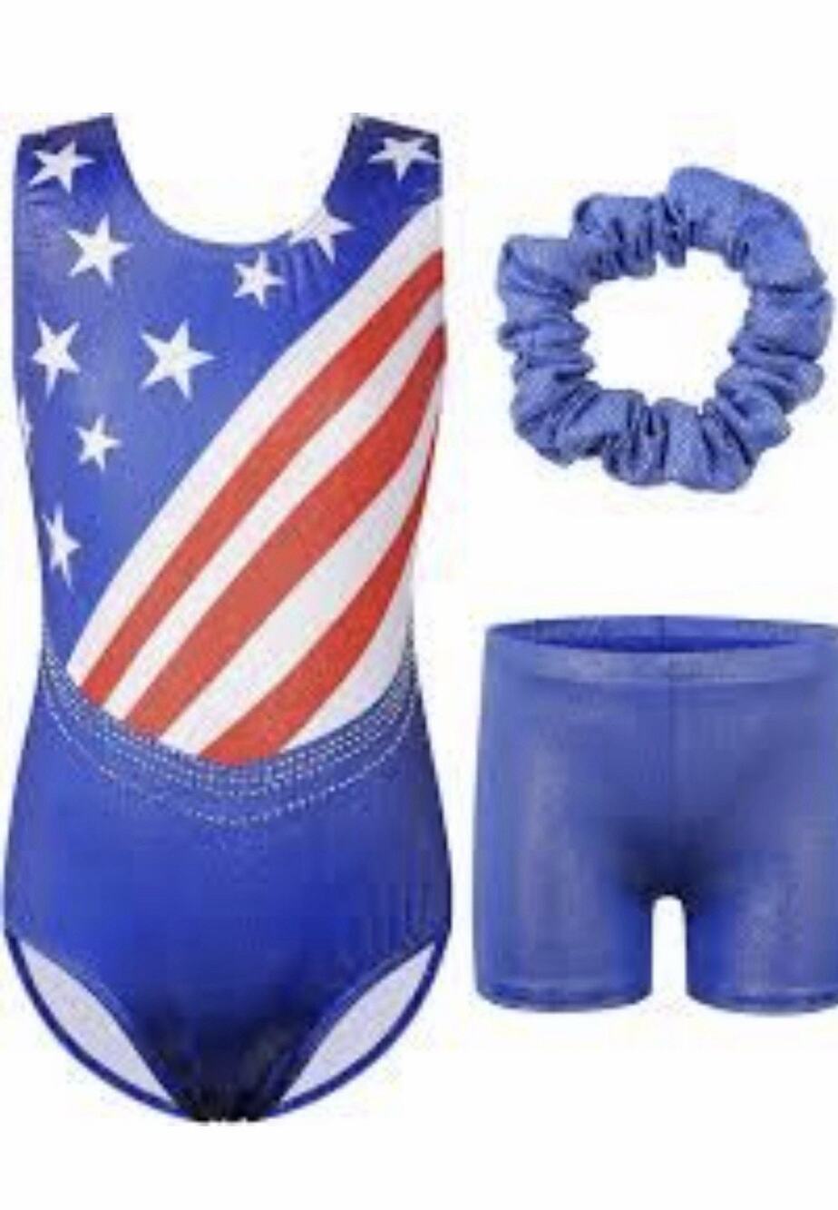 BAOHULU Girls Blue/white/red Stars Sparkly Gymnastics 3pc Leotard Set 12yr
